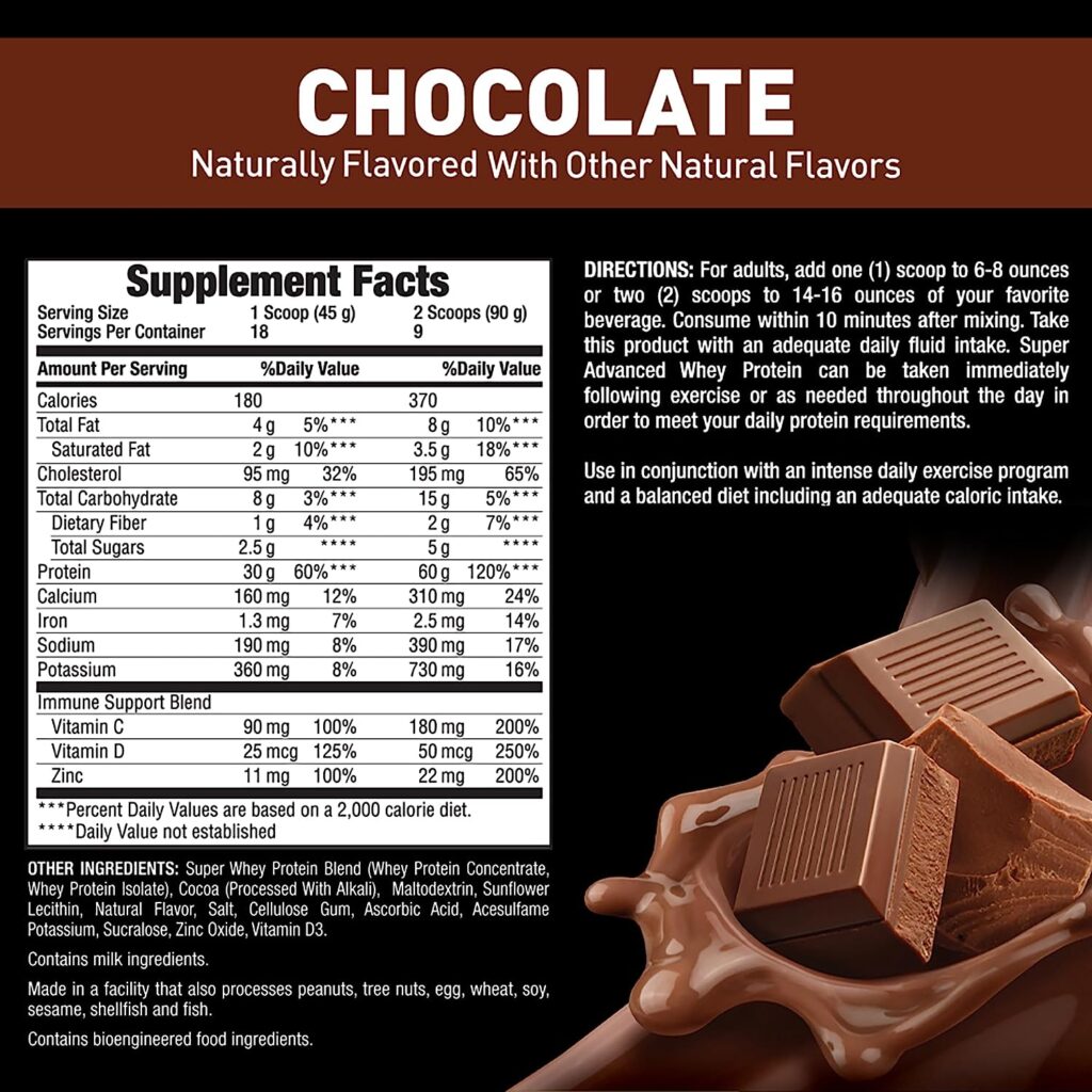 Body Fortress Super Advanced Whey Protein Powder, Chocolate, Immune Support (1), Vitamins C  D Plus Zinc, 1.78 lbs
