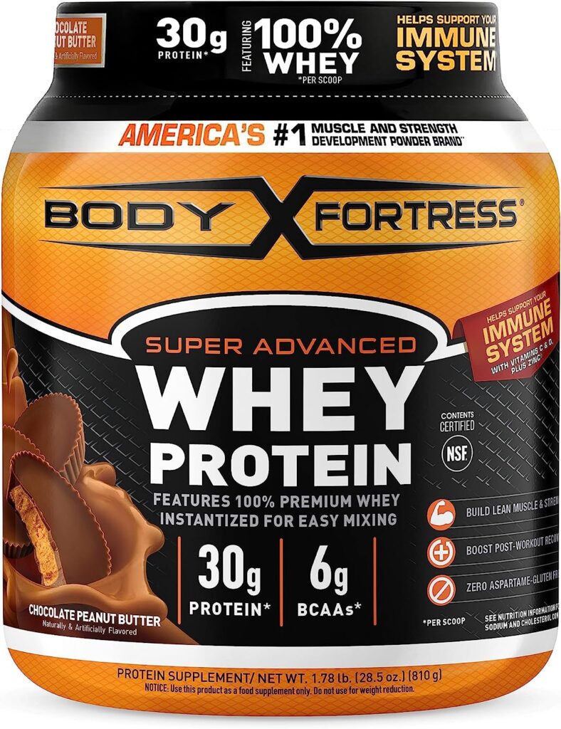 Body Fortress Super Advanced Whey Protein Powder, Chocolate Peanut Butter, Immune Support (1), Vitamins C  D Plus Zinc, 1.78 lbs