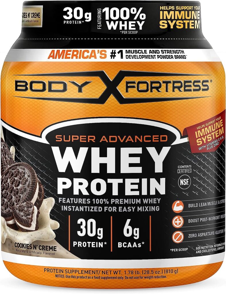 Body Fortress Super Advanced Whey Protein Powder, Cookies Nâ CrÃ¨me, Immune Support (1), Vitamins C  D Plus Zinc, 1.78 lbs