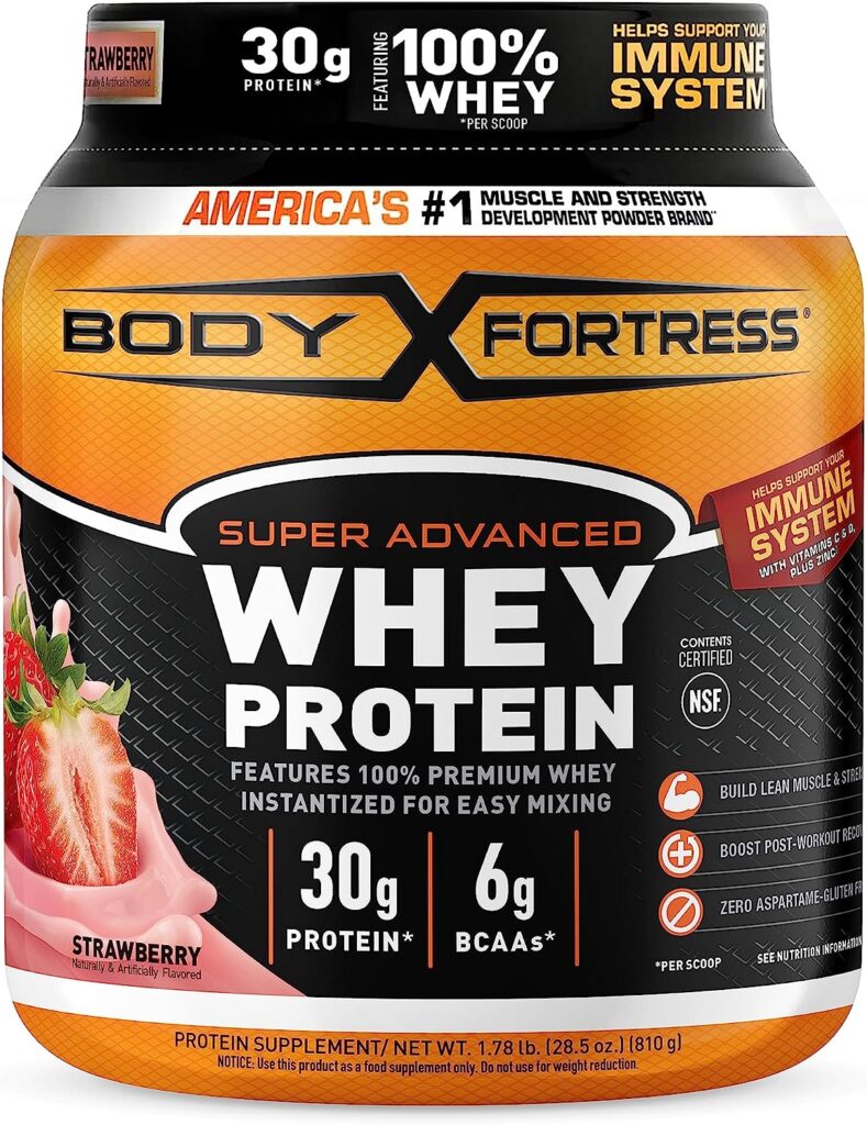 Body Fortress Super Advanced Whey Protein Powder, Strawberry, Immune Support (1), Vitamins C  D Plus Zinc, 1.78 lbs