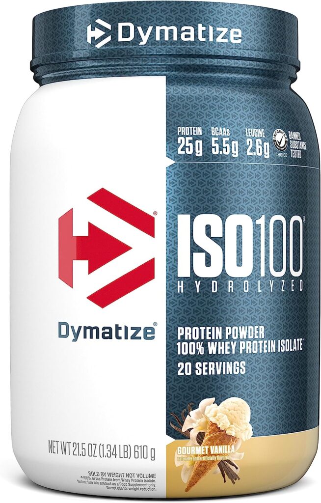 Dymatize ISO100 Hydrolyzed Protein Powder, 100% Whey Isolate , 25g of Protein, 5.5g BCAAs, Gluten Free, Fast Absorbing, Easy Digesting, Gourmet Vanilla, 20 Servings