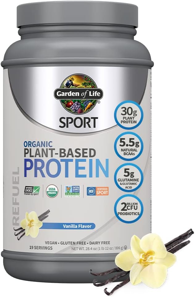 Garden of Life Organic Vegan Sport Protein Powder, Vanilla - Probiotics, BCAAs, 30g Plant Protein for Premium Post Workout Recovery - NSF Certified, Keto, Gluten  Dairy Free, Non GMO 19 Servings