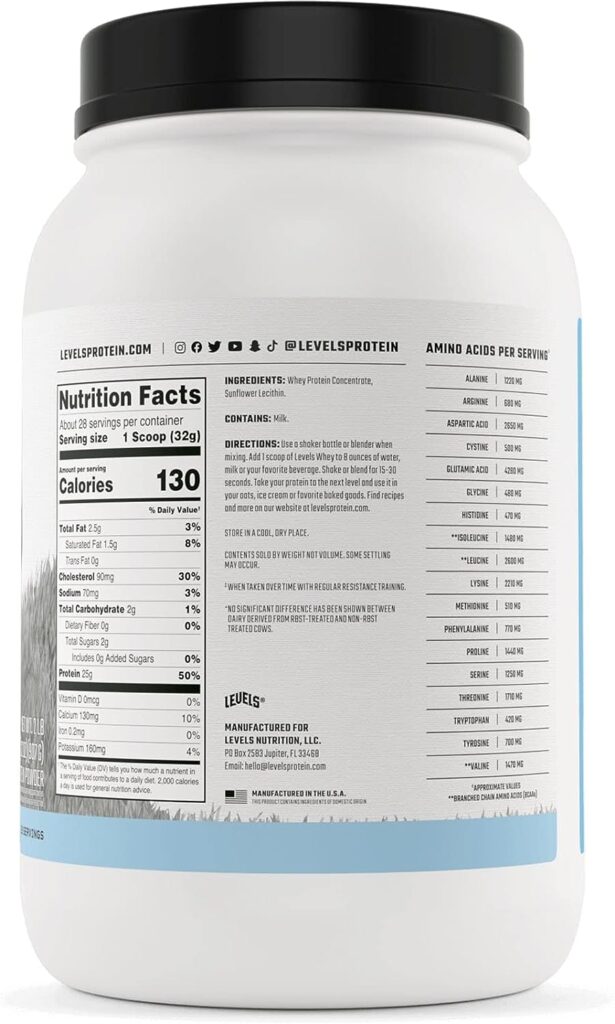 Levels Grass Fed 100% Whey Protein, No Hormones, Unflavored, 2LB