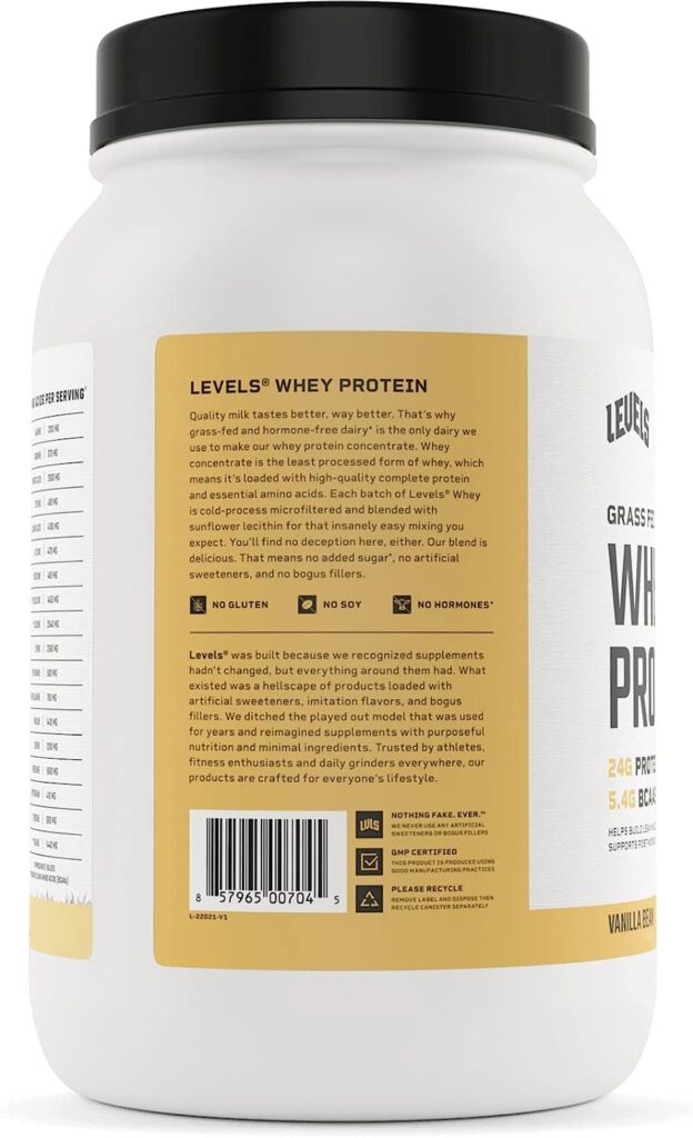Levels Grass Fed 100% Whey Protein, No Hormones, Vanilla Bean, 2LB
