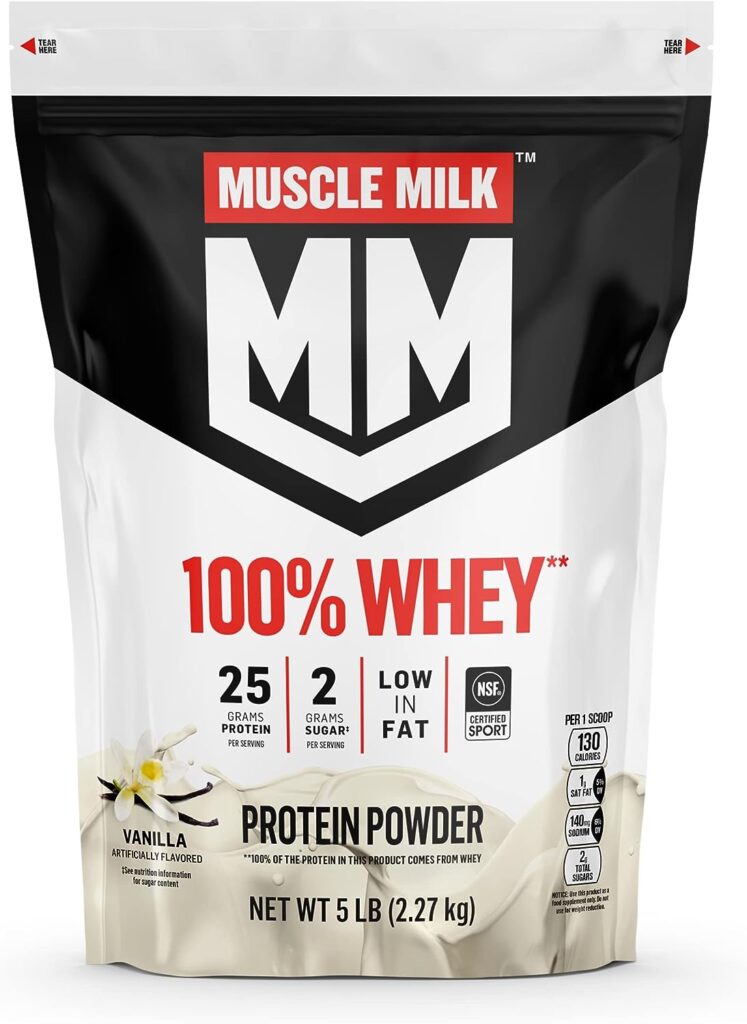 Muscle Milk 100% Whey Protein Powder, Vanilla, 5 Pound, 68 Servings, 25g Protein, 2g Sugar, Low in Fat, NSF Certified for Sport, Energizing Snack, Workout Recovery, Packaging May Vary