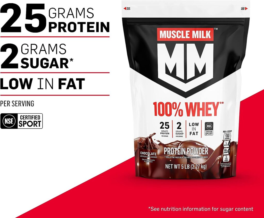 Muscle Milk 100% Whey Protein Powder, Vanilla, 5 Pound, 68 Servings, 25g Protein, 2g Sugar, Low in Fat, NSF Certified for Sport, Energizing Snack, Workout Recovery, Packaging May Vary