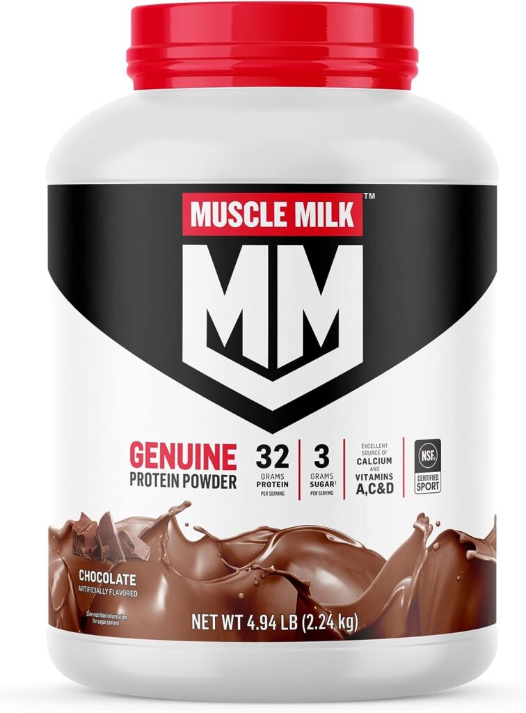 Muscle Milk Genuine Protein Powder, Chocolate, 4.94 Pound, 32 Servings, 32g Protein, 2g Sugar, Calcium, Vitamins A, C  D, NSF Certified for Sport, Energizing Snack, Packaging May Vary