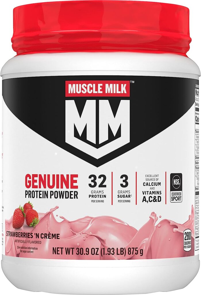 Muscle Milk Genuine Protein Powder, Strawberries âN CrÃ¨me, 1.93 Pounds, 12 Servings, 32g Protein, 3g Sugar, Calcium, Vitamins A, C  D, NSF Certified for Sport, Energizing Snack, Packaging May Vary