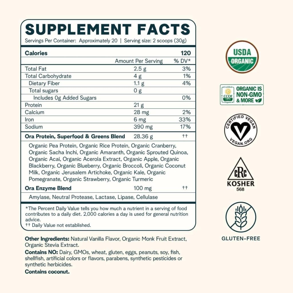 Ora Organic Vegan Protein Powder - 21g Plant Based Protein Powder for Women and Men | Low Net Carbs, Keto Friendly, Gluten Free, Dairy Free, Soy Free - Vanilla Flavor, 20 Servings
