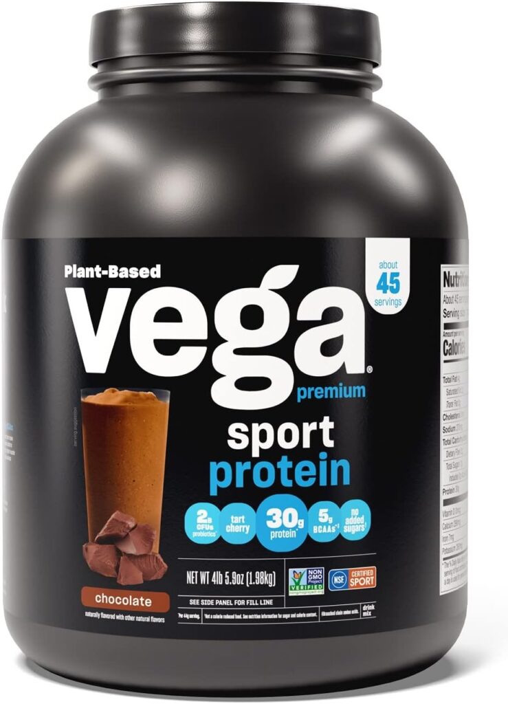 Vega Sport Premium Vegan Protein Powder Chocolate (45 Servings) 30g Vegan Protein, 5g BCAAs, Low Carb, Keto, Dairy Free, Gluten Free, Non GMO, Pea Protein for Women  Men, 4lbs (Packaging May Vary)
